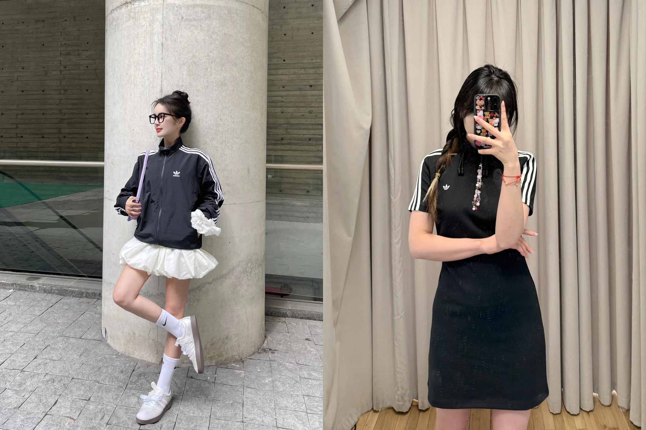 아디다스 중국에서 디자인한 튤립 스커트와 치파오 원피스를 착용한 모습