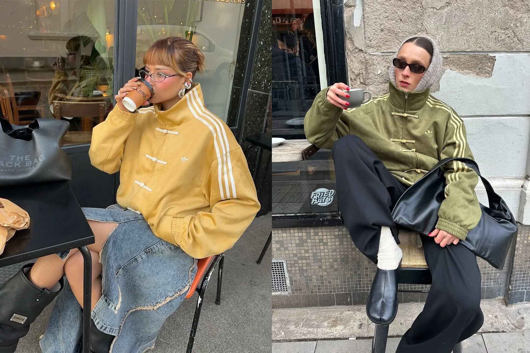 서양인들이 해외에서 아디다스 중국풍 재킷을 입고 있는 착용샷