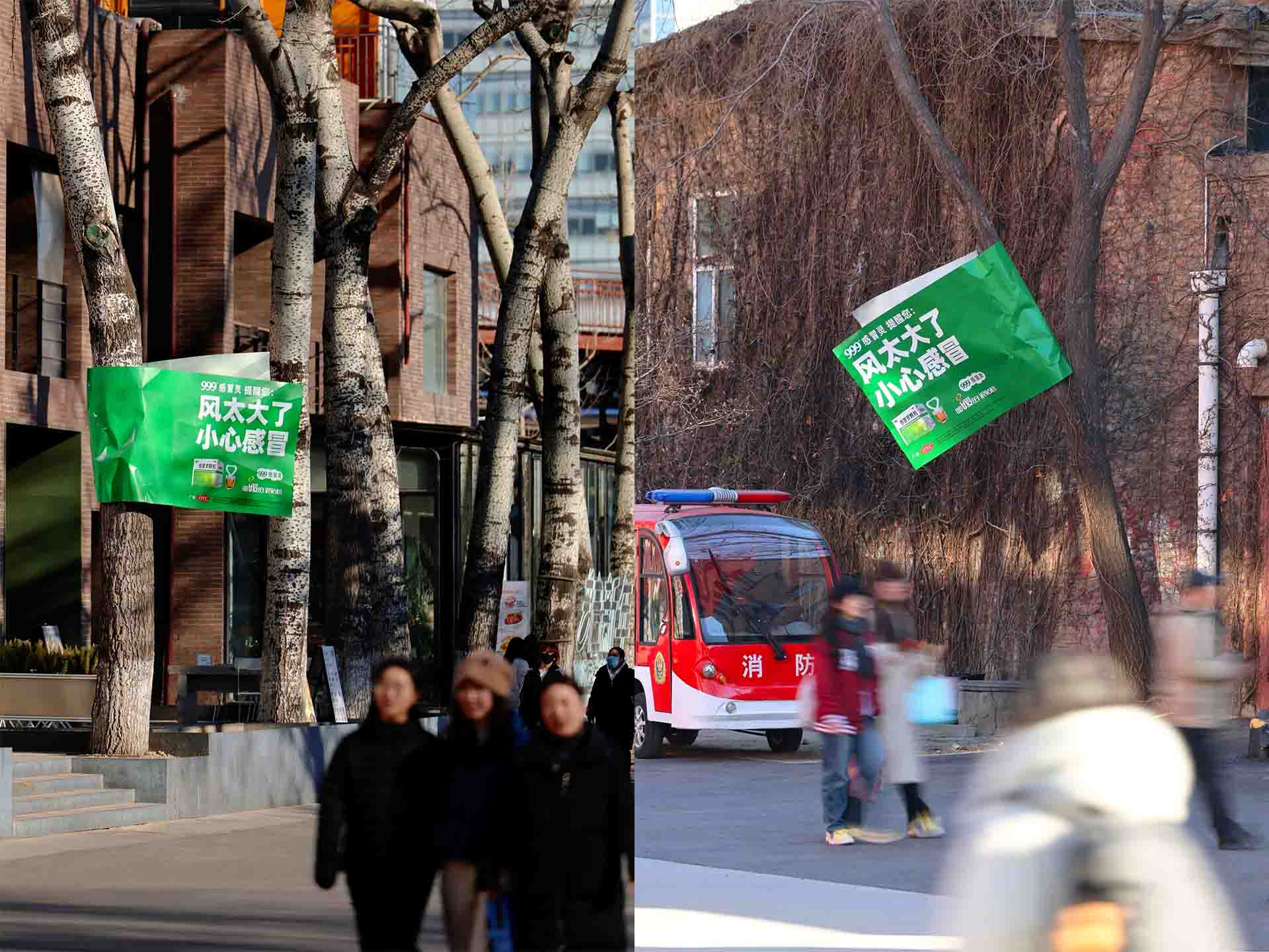 999 감기약의 광고판이 베이징 길거리에서 강풍에 휘날려 나무에 걸린 모습