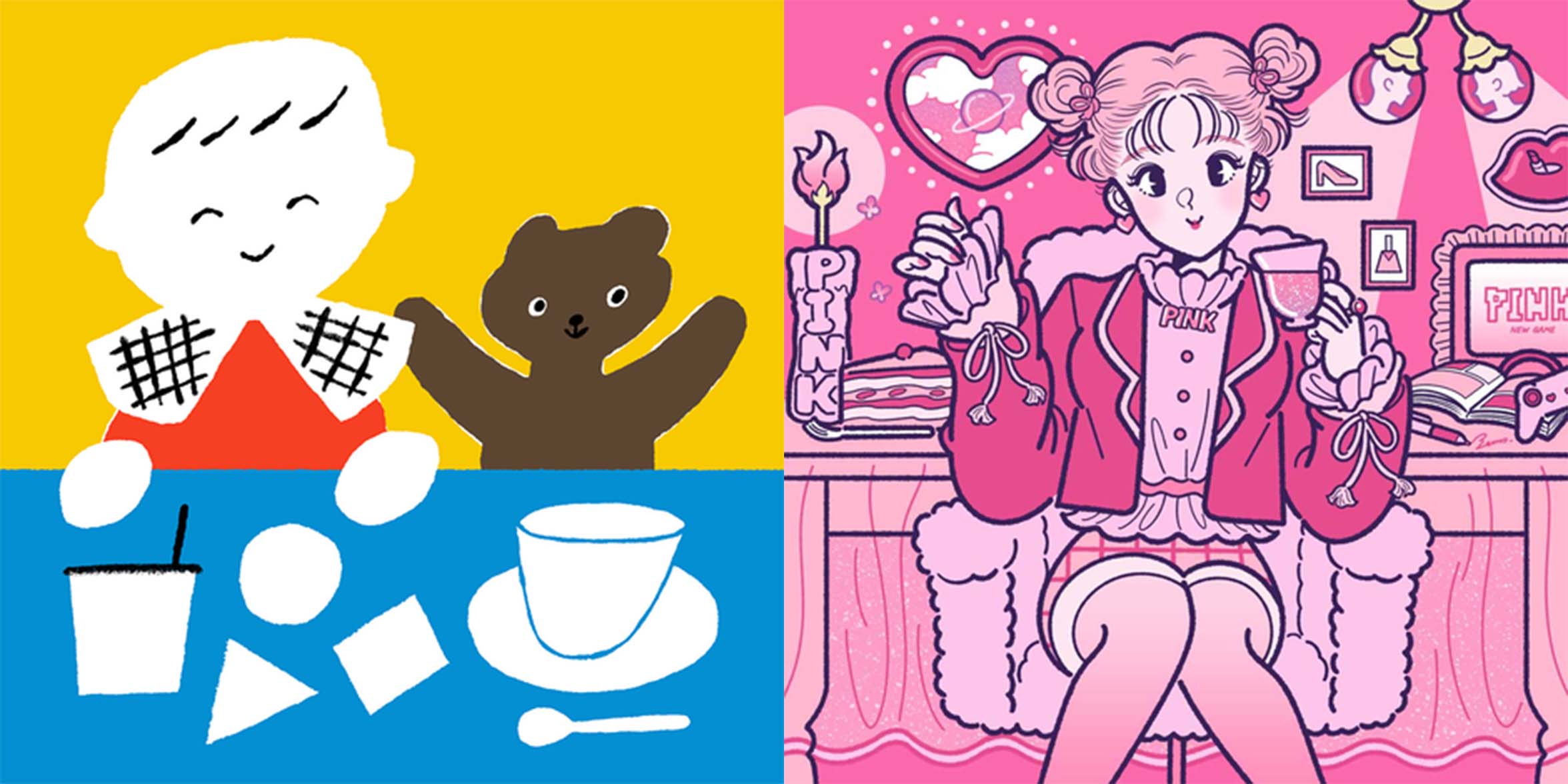 도조(dōzo)의 테마별 일러스트 예시. 아기가 식사를 하는 모습과 온통 핑크색으로 색깔 맞춤을 한 여자의 모습.