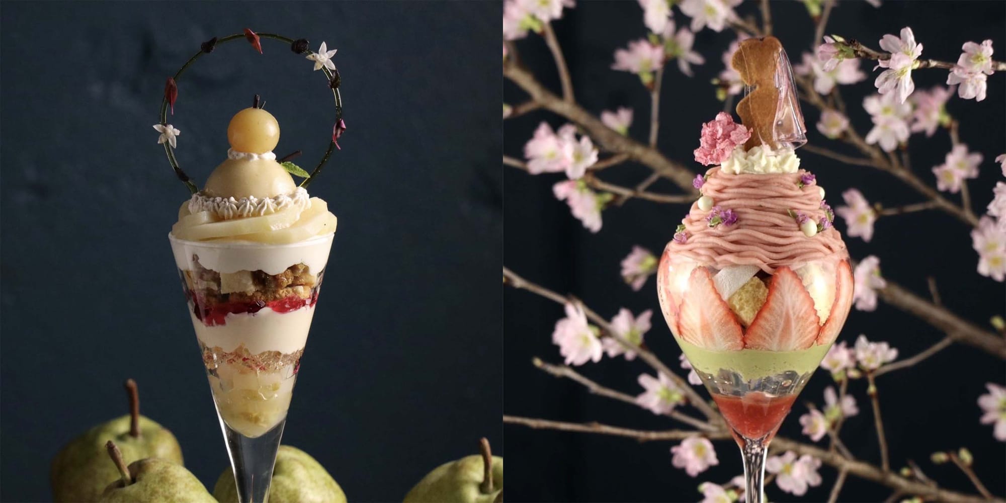 파르페 전문점 Parfaiteria PaL의 파르페 메뉴들. 꽃장식과 함께 화려한 모습