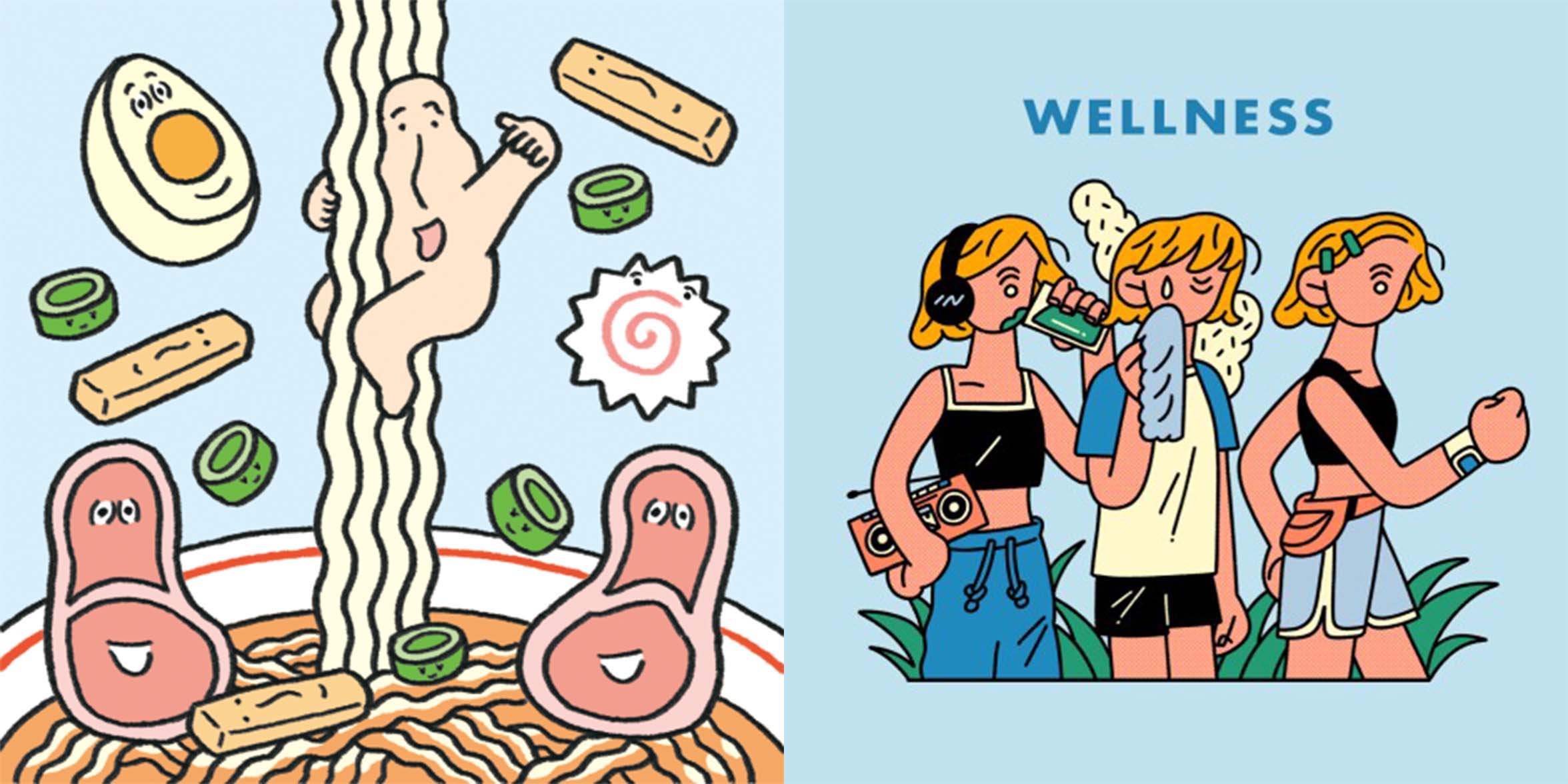 도조(dōzo)의 테마별 일러스트 예시. 라멘을 의인화하거나, 사람들이 뛰고 있는 그림.