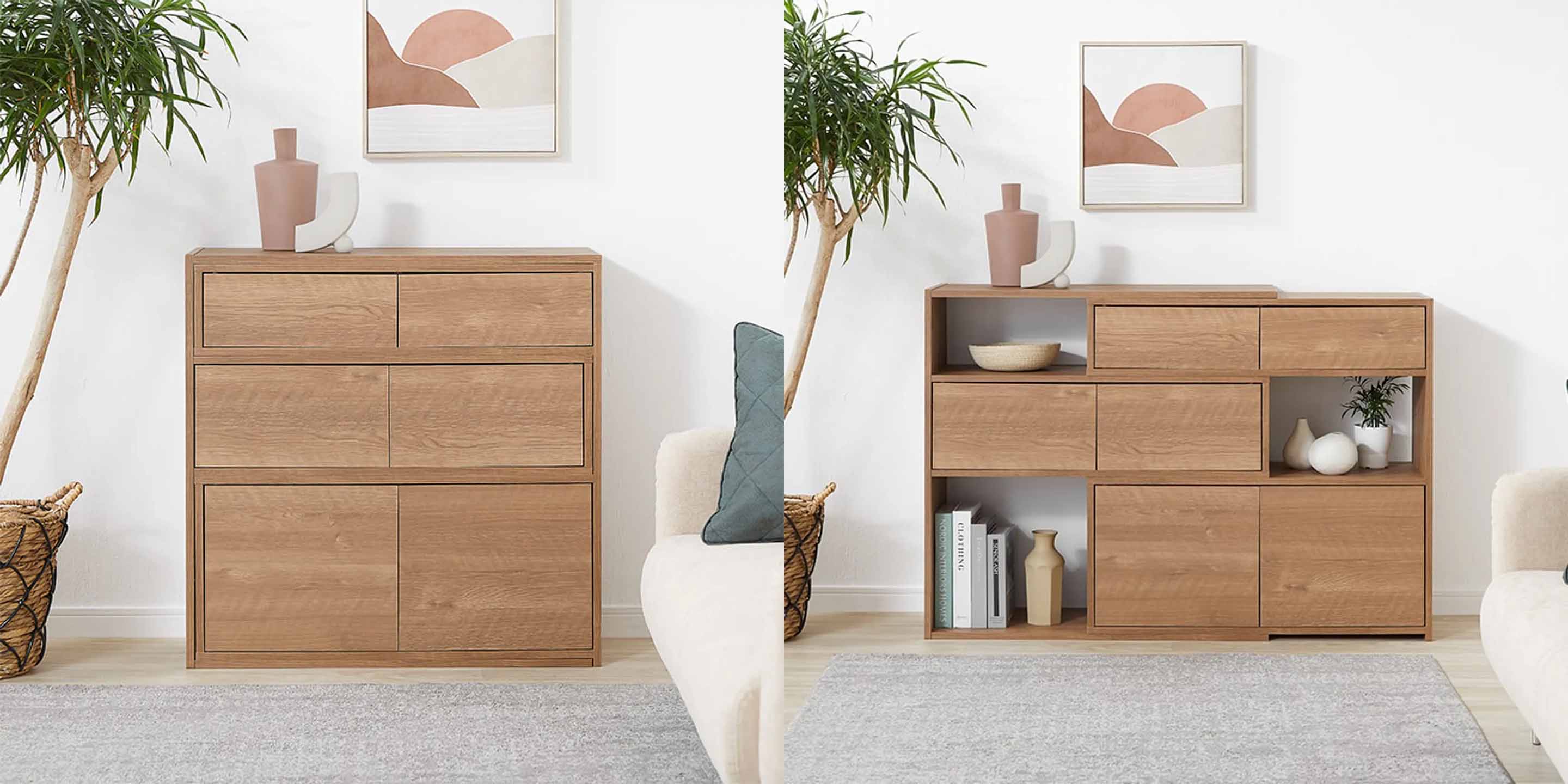 로우야(LOWYA)의 '신축 랙' 모델. 가구를 늘였다 줄였다 해놓은 모습.