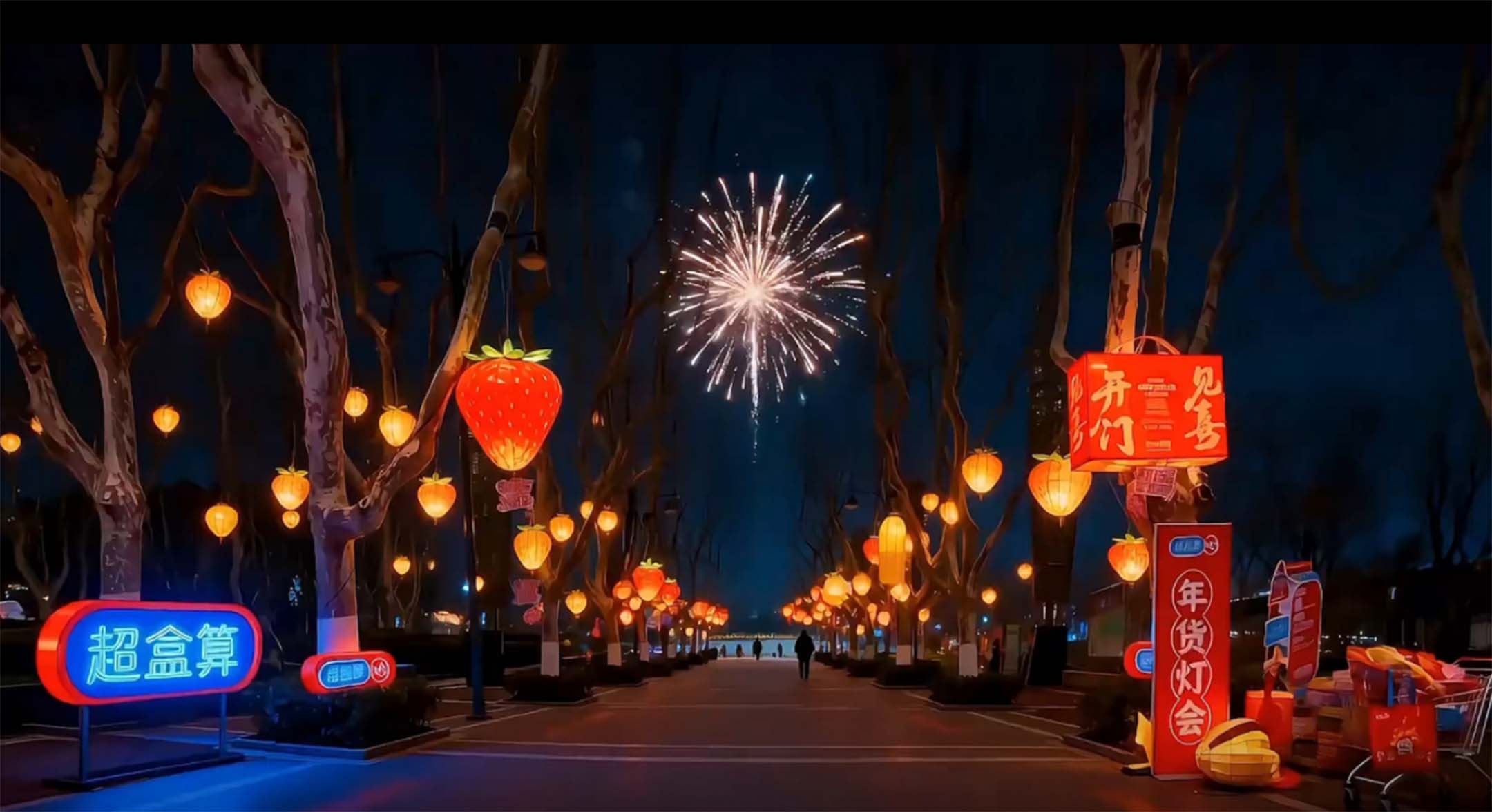 상하이 세기공원에 식재료 모양의 등불이 걸려있는 모습. 딸기 등불이 늘어서 있다. 