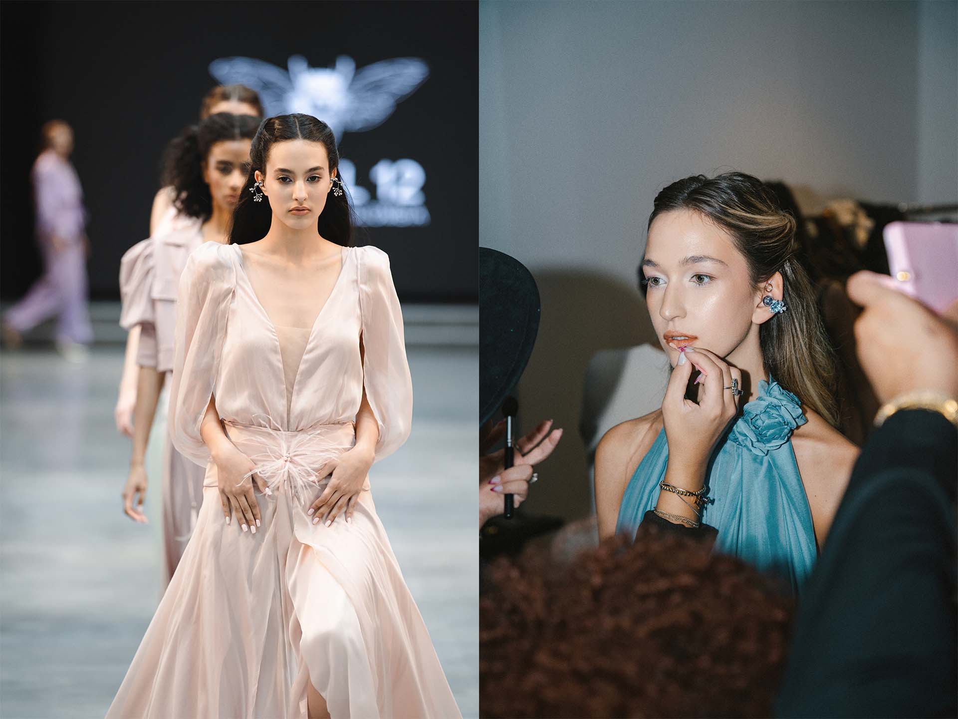 화웨이(HUAWEI)의 FreeClip을 귀에 착용한 채 패션쇼 런웨이에 선 모델들.