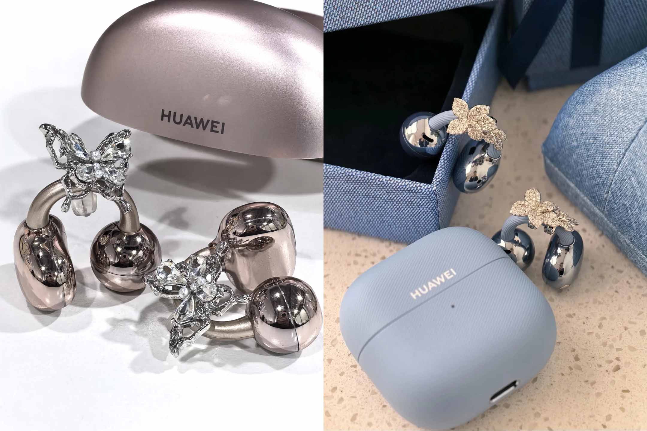 화웨이(HUAWEI)의 이어폰 프리클립(FreeClip)에 스스로 만든 DIY 액세서리를 부착한 사진들. 화려한 파츠들이 이어폰 중간에 부착되어 있다. 