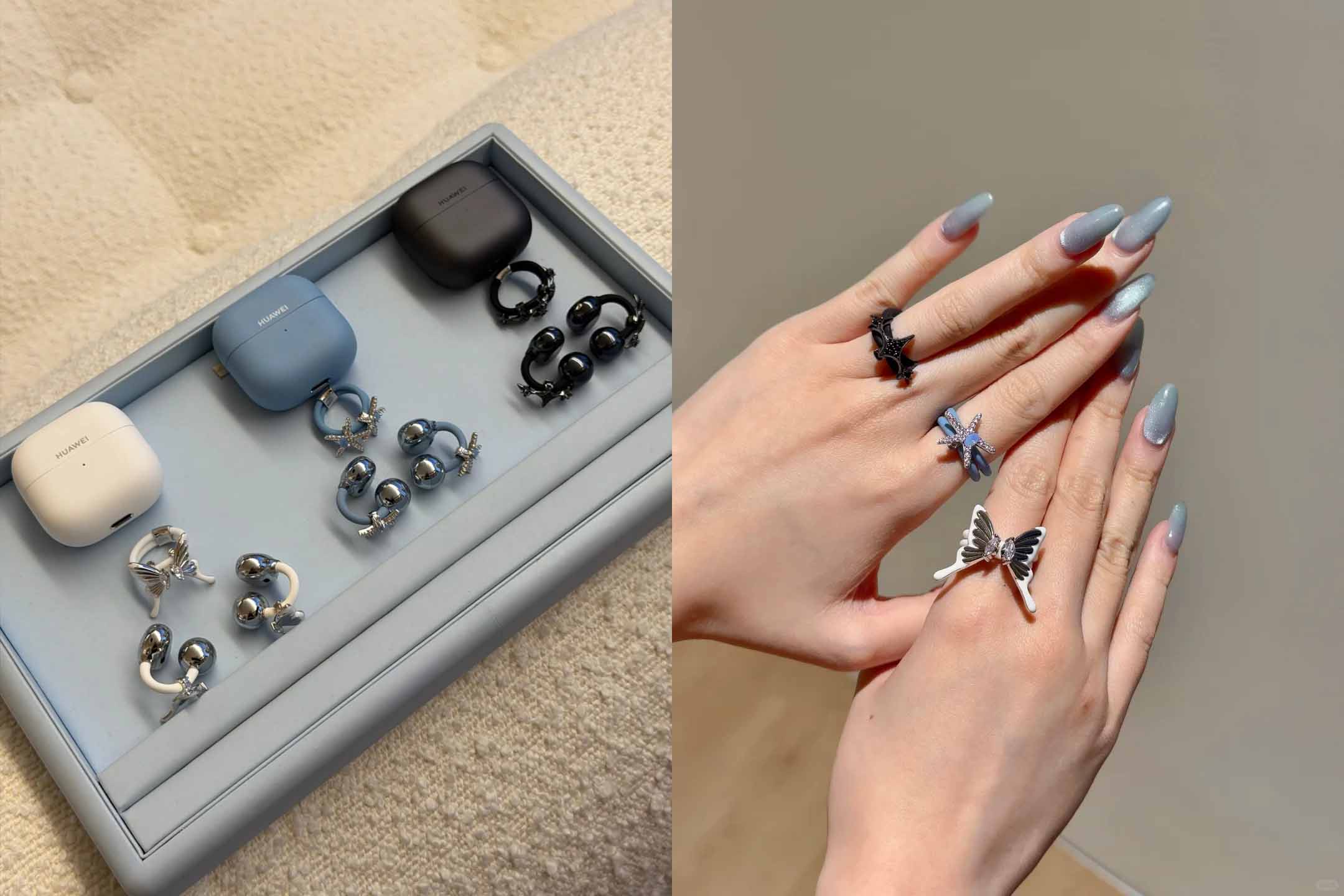 화웨이(HUAWEI)와 허팡 주얼리(HEFANG)의 콜라보 액세서리. Freeclip 이어폰에 액세서리를 결합한 모습. 반지로도 낄 수 있다.