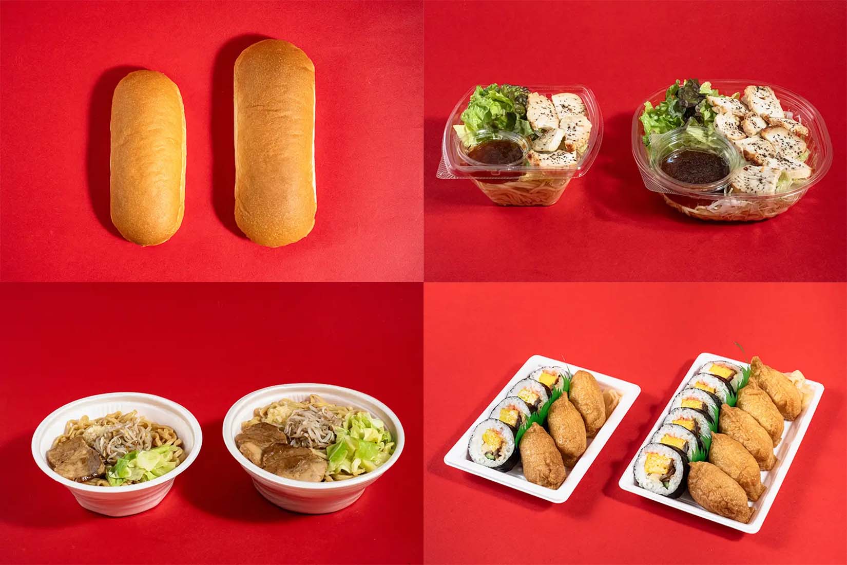 일본 패밀리마트가 진행하는 ‘40% 증량 작전’ 캠페인. 가격은 동일한데 양은 45% 늘어난 음식들이 나열되어 있다. 콧페빵, 샐러드, 라면, 유부초밥 등이 전보다 커진 모습.