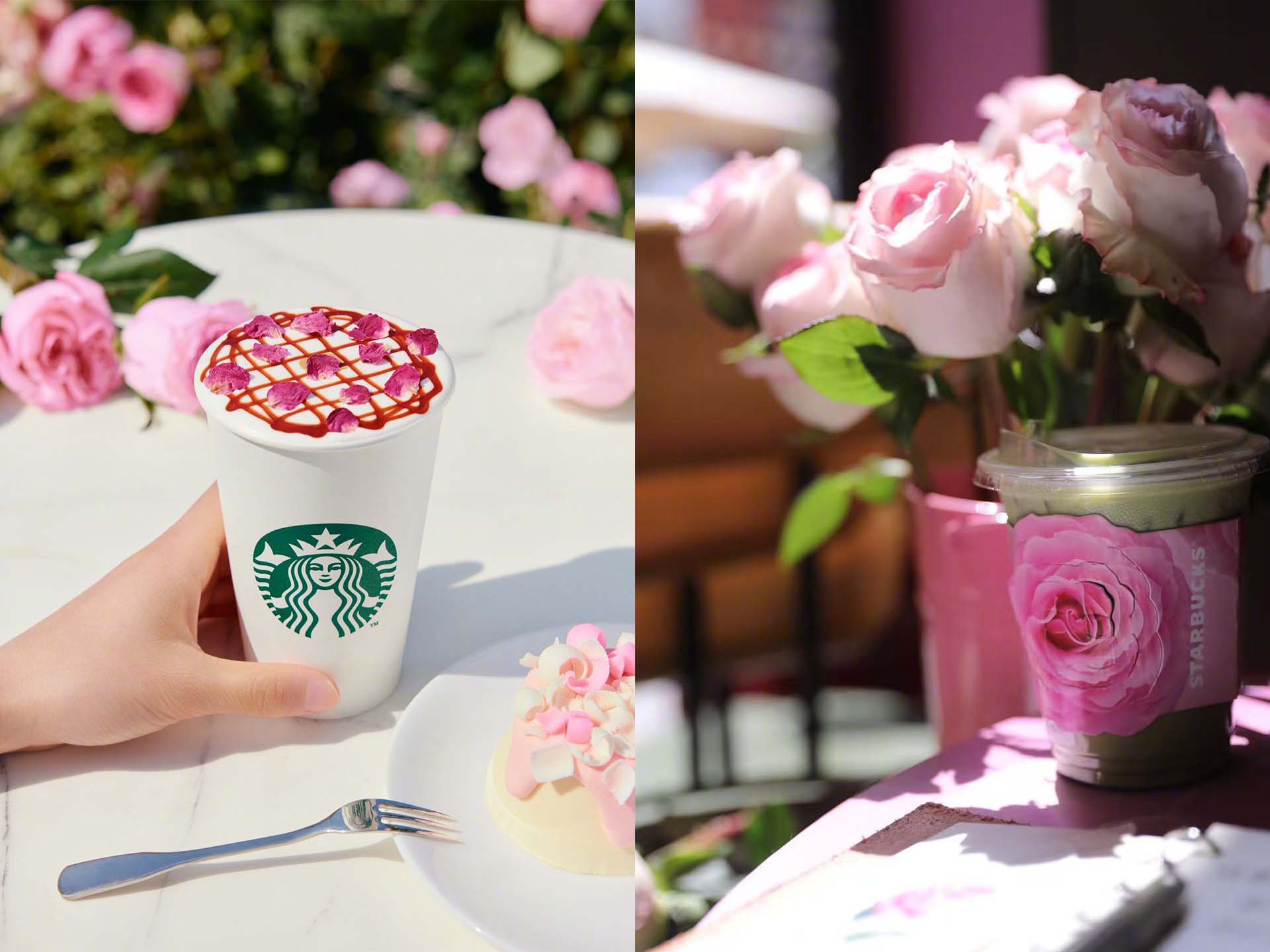 스타벅스 차이나가 출시한 음료 '로즈20' 시리즈의 모습들. 장미 잎들이 음료 위에 쏟아져 있고, 장미다발 앞에 음료들이 놓여 있다.