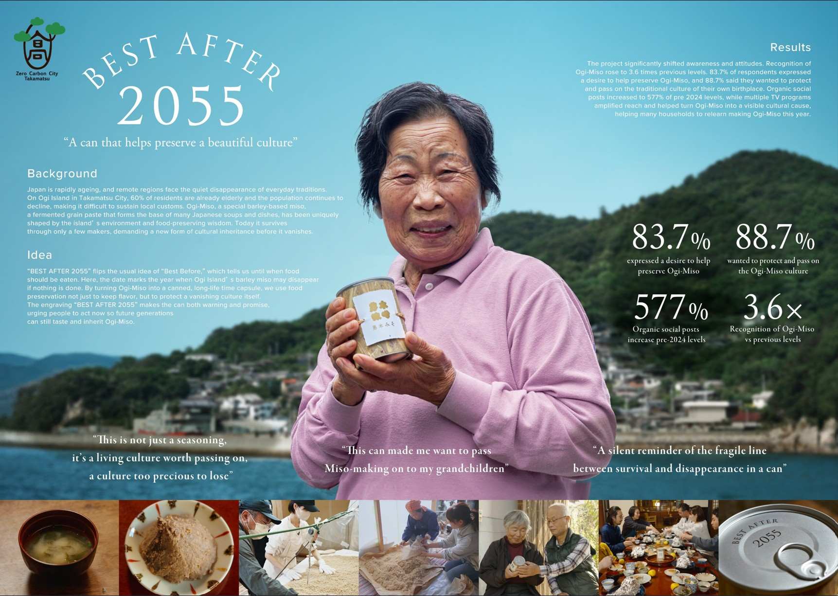 한 할머니가 오기미소를 들고 웃고 있는 사진. 'Best After 2055' 캠페인의 효과들이 적혀 있다. 