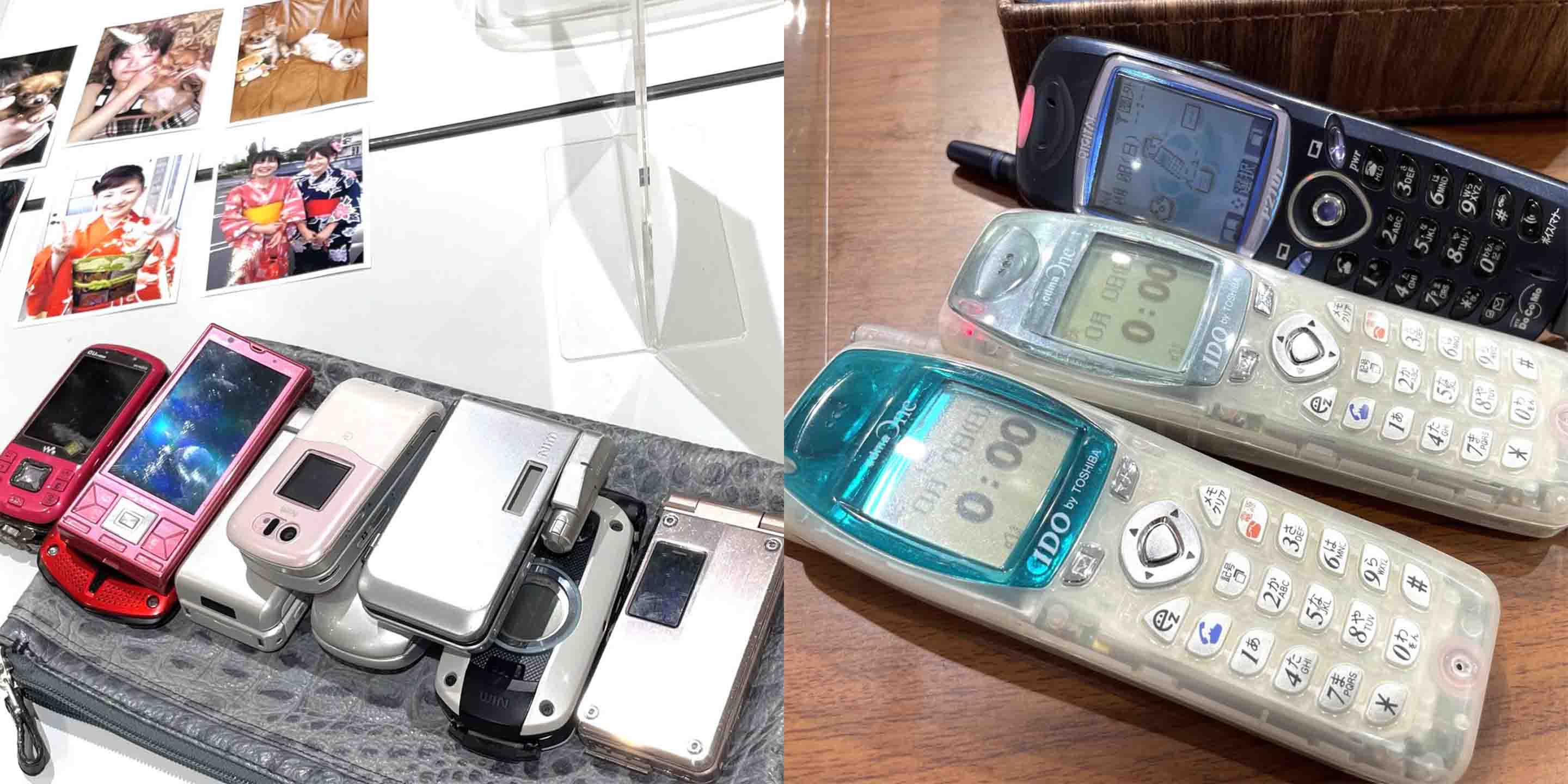 KDDI가 진행하는 ‘추억의 휴대폰 다시 켜기(おもいでケータイ再起動)’이벤트 사진. 예전 피처폰들이 대량으로 쌓여 있다. 