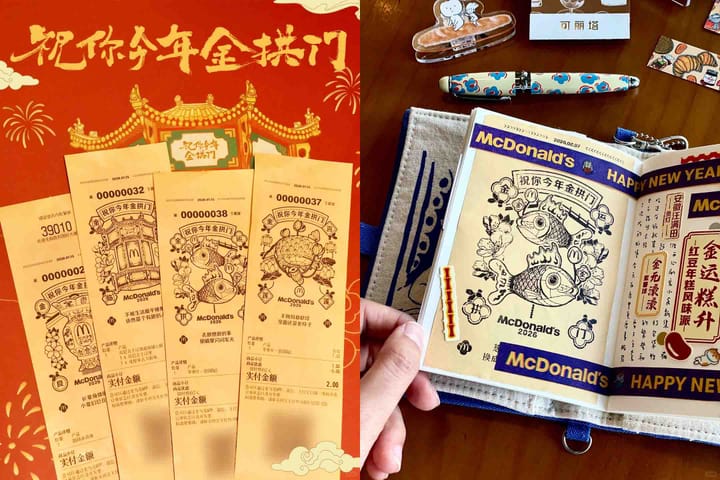 중국 맥도날드의 새해 한정판 영수증을 모아놓은 모습. 영수증에 중국 등롱 그림들이 그려져 있다. 