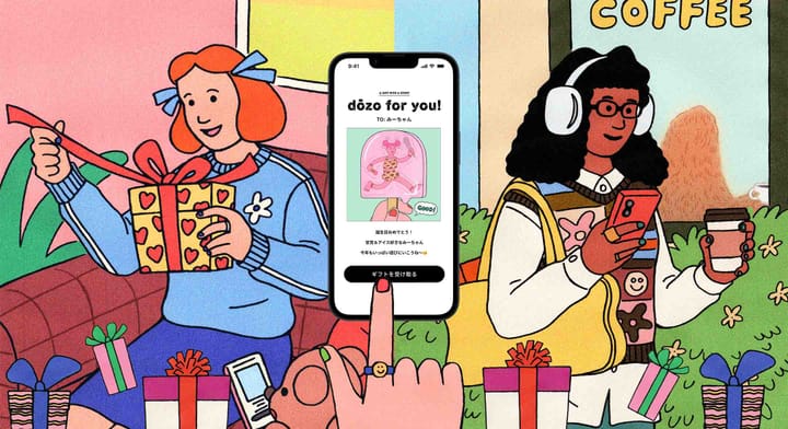도조(dōzo)의 서비스를 그린 일러스트. 인물이 휴대폰 화면에서 선물을 고르는 모습.